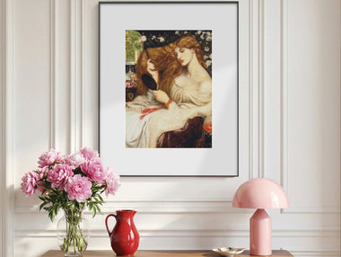 InkPoster displaying Pre-Raphaelite artwork in a modern interior on a color ePaper display