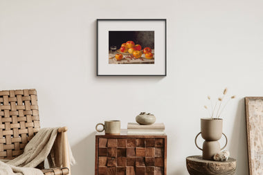 InkPoster displaying a still life fruit painting on a color ePaper art display in a modern interior