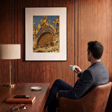 InkPoster digital art display featuring “The Horses of St. Mark’s” in a modern wooden interior