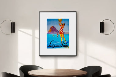 InkPoster displaying the vintage Lugano Lido travel poster on a color ePaper art display