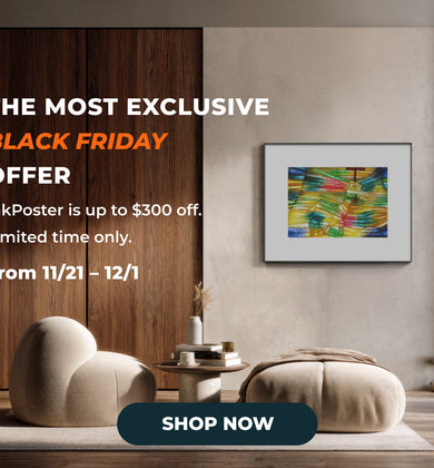 3 videos of InkPoster's digital ink art posters displaying various curated artwork mounted on modern living room walls